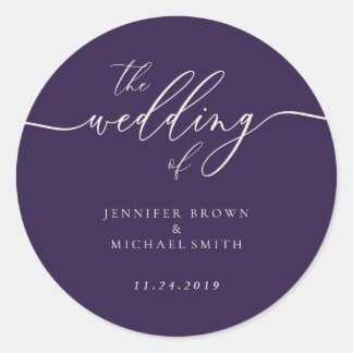 Midnight Purple The Wedding Elegant Script Classic Round Sticker