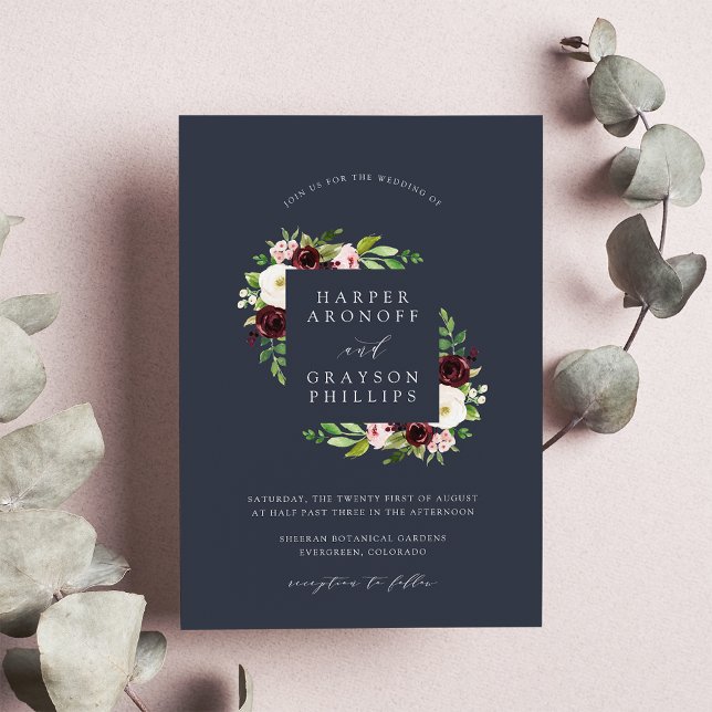 Midnight Romance | Navy & Burgundy Floral Wedding Invitation (Creator Uploaded)