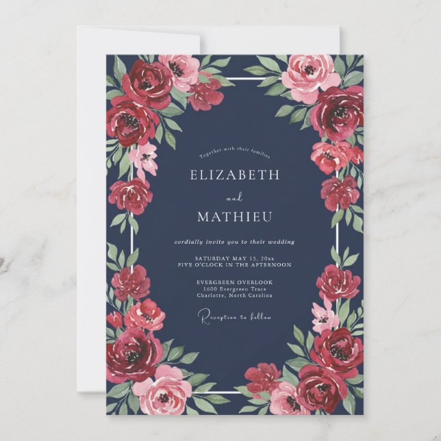 Midnight Ruby Ranunculus Eucalyptus Wedding Invitation (Front)