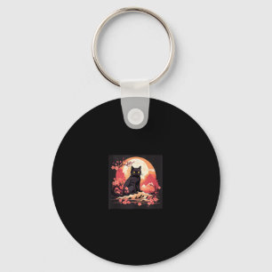Midnight Sakura Black Cat Moon and Cherry Blossoms Key Ring