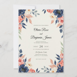Midnight Salmon Foliage Eucalyptus Wedding Invitation
