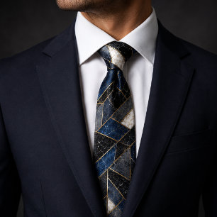 Midnight Sapphire Gold Luxury Marble Geometric Tie
