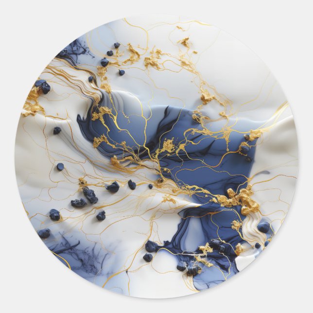 Midnight Sapphire Marble with Gold Threads Classic Round Sticker (Front)