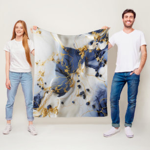 Midnight Sapphire Marble with Gold Threads Fleece Blanket