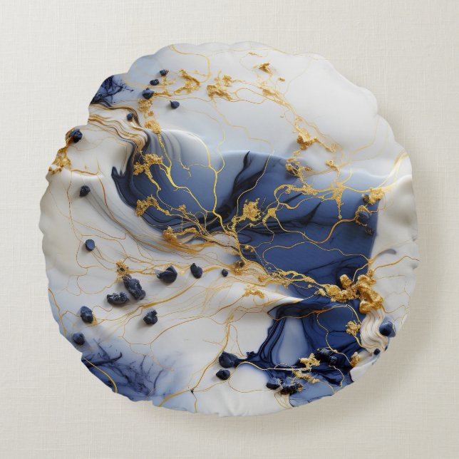 Midnight Sapphire Marble with Gold Threads Round Cushion (Front)
