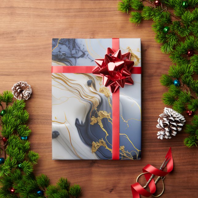 Midnight Sapphire Marble with Gold Threads Wrapping Paper (Holiday Gift)