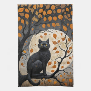 Midnight Sentinel Under the Harvest Moon Tea Towel