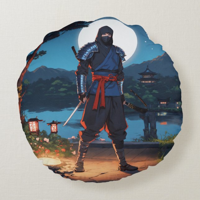 Midnight Shinobi Warrior: Stealth Ninja Moonlight  Round Cushion (Back)
