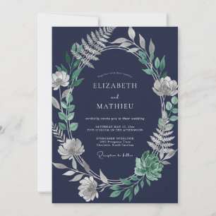 Midnight Silver Leaf Wedding Invitation