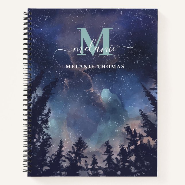Midnight Sky Forest Custom Name Monogram Notebook (Front)