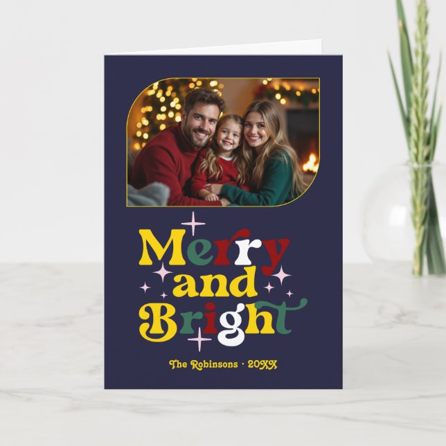 Midnight Sky Merry & Bright Retro Christmas Photo Holiday Card (Front)