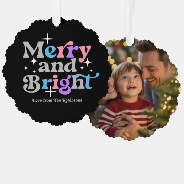 Midnight Sky Merry & Bright Retro Christmas Photo Tree Decoration Card (Front/Back)