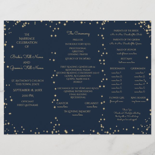 Midnight Sky Twinkle Star Tri Fold Wedding Program (Front)