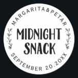 Midnight Snack Wedding Classic Round Sticker<br><div class="desc">Midnight Snack Wedding. Add a fun touch of colour and unique style to your wedding or bridal shower favours. A bridal shower favour bag is a great addition to party planning. These unique bags will easily be used as a gift and can serve as a beautiful decoration at your wedding...</div>