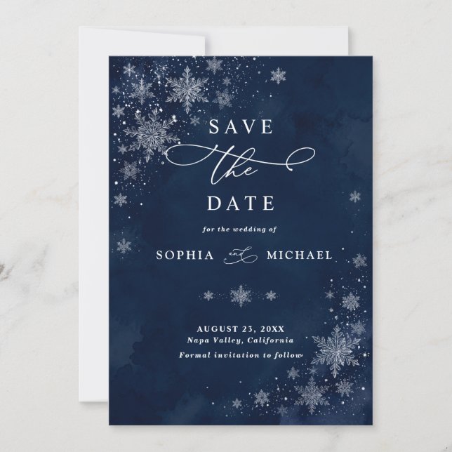 Midnight Snowflakes Wedding Save The Date Invitation (Front)
