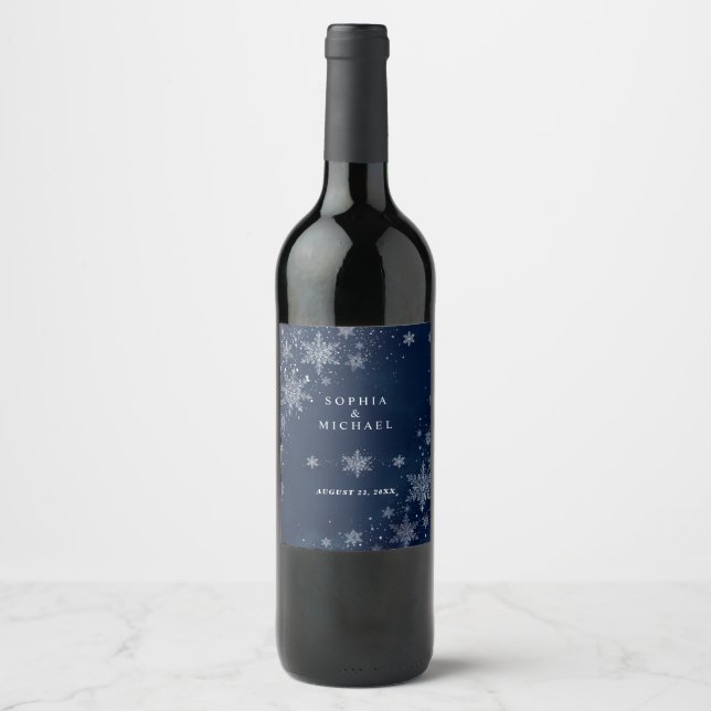 Midnight Snowflakes Winter Wedding  Wine Label (Front)