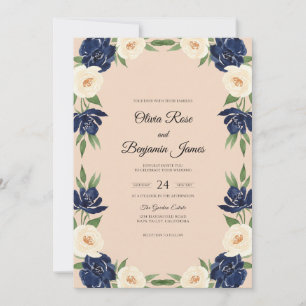 Midnight Soft Champagne Peony Wedding Invitation
