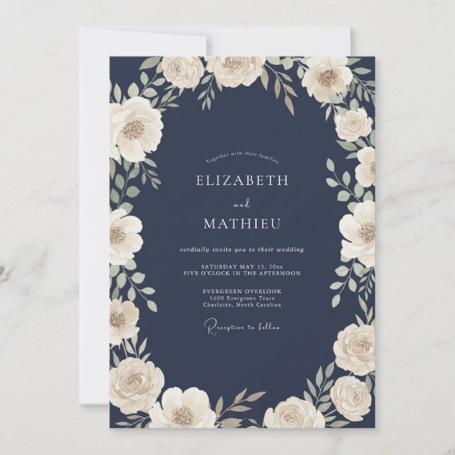 Midnight Soft Ivory Ranunculus Eucalyptus Wedding Invitation (Front)