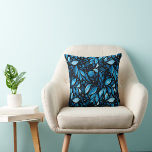 Midnight Stroll Blue Botanical on Black Cushion