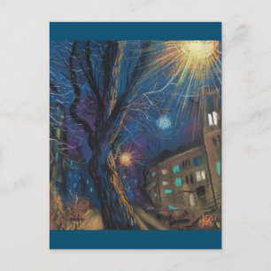 Midnight Sun, Night Street Tree Landscape Painting Postcard