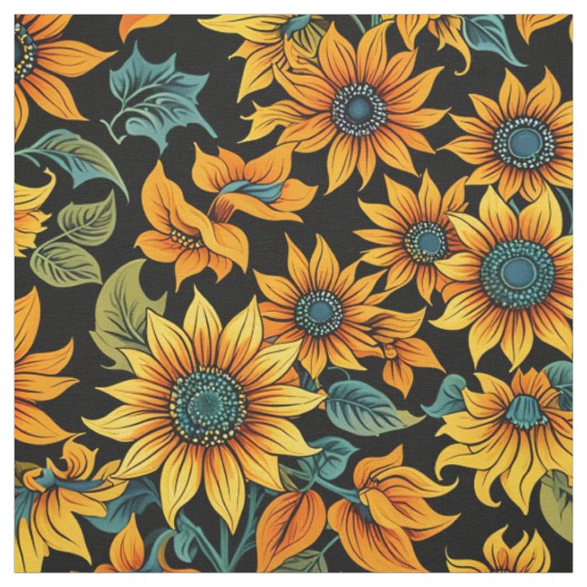 Midnight Sunflower Pattern Fabric | Golden Blooms  (Swatch)