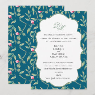 Midnight Teal and Basil Green Rehearsal Dinner Invitation