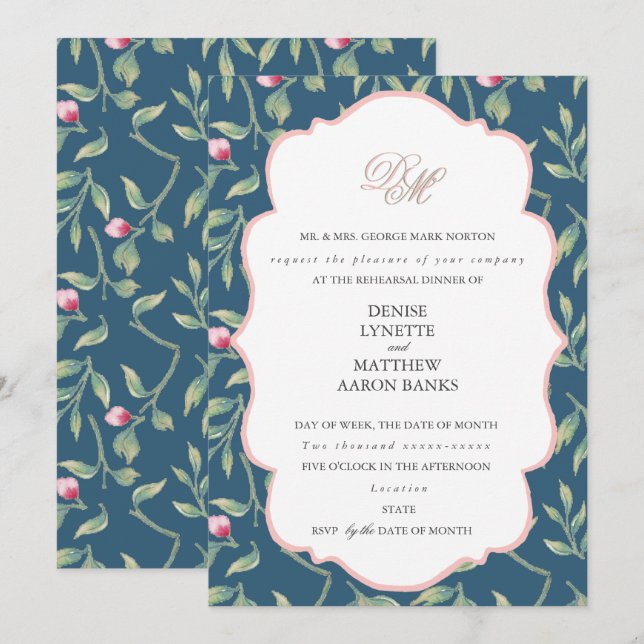 Midnight Teal and Gossamer Pink Rehearsal Dinner Invitation (Front/Back)