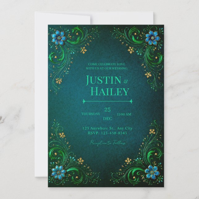 Midnight Teal Blossom Wedding Invitation (Front)