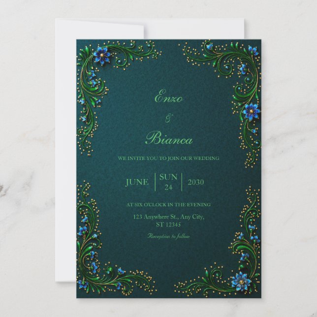 Midnight Teal Gilded Blossom Wedding Invitation (Front)