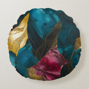 Midnight Teal & Gold Marble Fusion Round Cushion