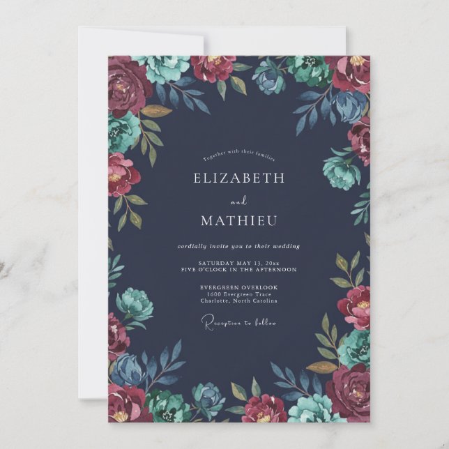 Midnight Teal Peony Wedding Invitation (Front)