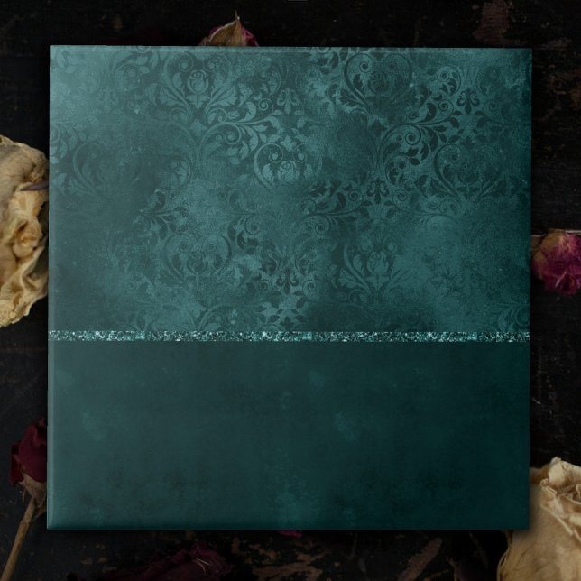 Midnight Teal Romance | Dark Satiny Grunge Damask Ceramic Tile (Creator Uploaded)