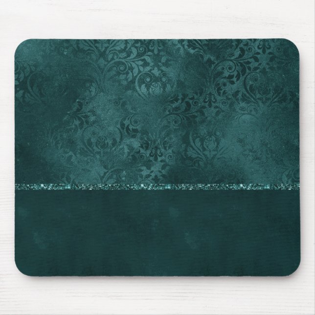 Midnight Teal Romance | Dark Satiny Grunge Damask Mouse Pad (Front)