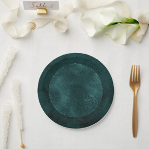Midnight Teal Romance Dark Satiny Grunge Damask Paper Plate