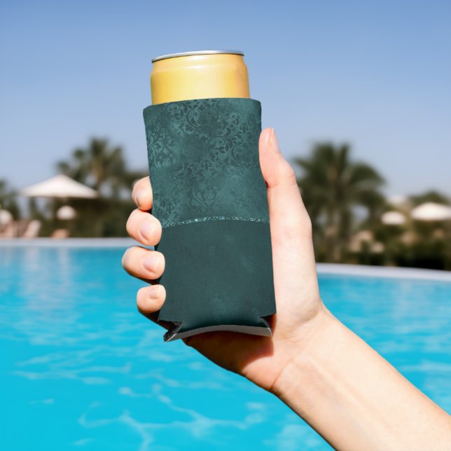Midnight Teal Romance | Dark Satiny Grunge Damask Seltzer Can Cooler (In Situ Pool)