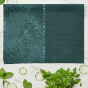 Midnight Teal Romance   Dark Satiny Grunge Damask Tea Towel