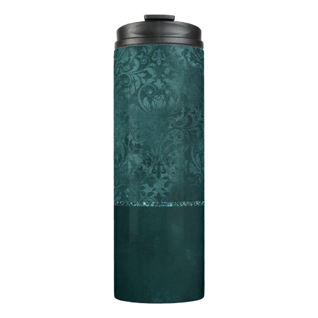 Midnight Teal Romance | Dark Satiny Grunge Damask Thermal Tumbler (Front)
