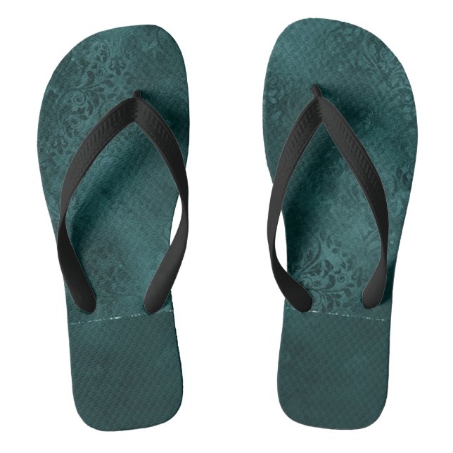 Midnight Teal Romance | Dark Satiny Grunge Damask Thongs (Footbed)