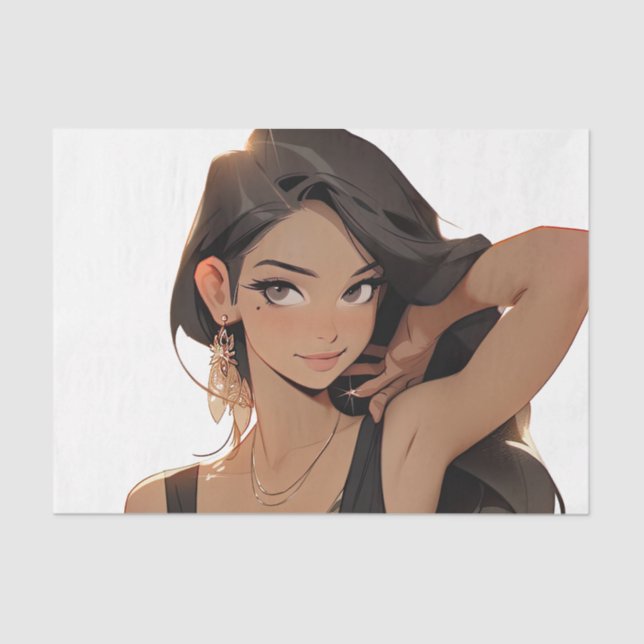 Midnight Temptation: Sultry Anime Woman in Black D Tissue Paper (Front)