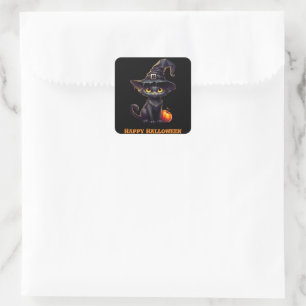 Midnight The Witchy Black Cat Halloween Invitation Square Sticker
