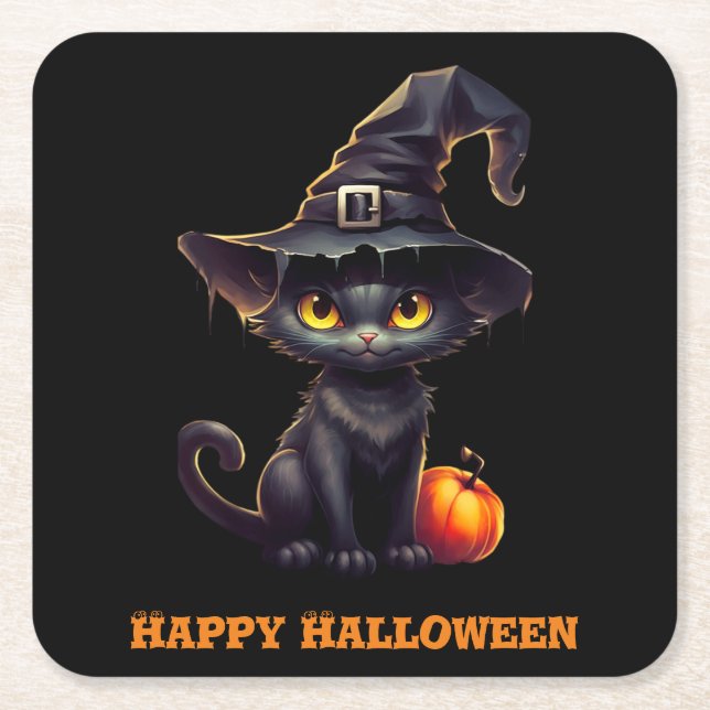 Midnight The Witchy Black Cat Halloween  Square Paper Coaster (Front)