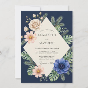 Midnight Tropical Monstera Eucalyptus Wedding Invitation