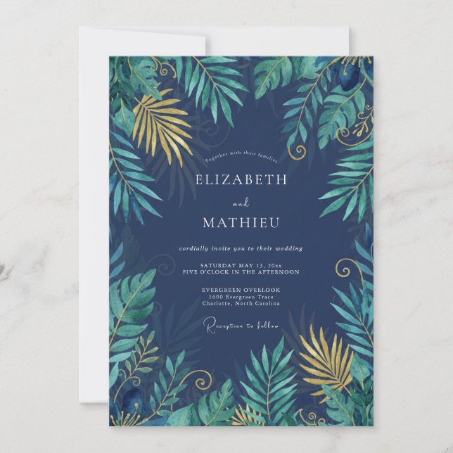 Midnight Tropical Palm Eucalyptus Wedding Invitation (Front)