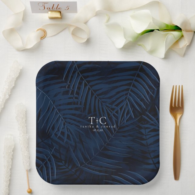 Midnight Tropical Palms Moody Blue Pattern ID1322 Paper Plate (Wedding)