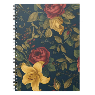 Midnight Victorian Floral – Yellow Lilies & Roses Notebook