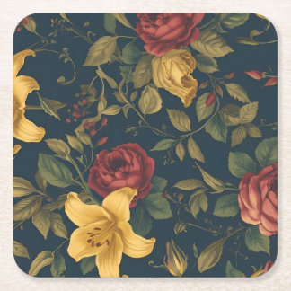 Midnight Victorian Floral – Yellow Lilies & Roses Square Paper Coaster