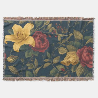 Midnight Victorian Floral – Yellow Lilies & Roses Throw Blanket