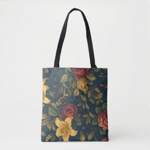 Midnight Victorian Floral – Yellow Lilies & Roses Tote Bag