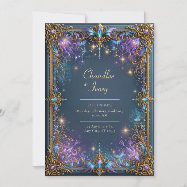 Midnight Violet Celestial Filigree Wedding Invitation (Front)