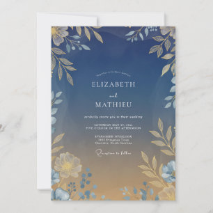 Midnight Warm Gold Leafy Wedding Invitation